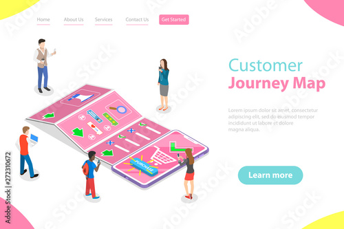 Isometric flat vector landing page template of serching customer journey map  digital marketing campaign  promotion  advertisment  mobile advertising.