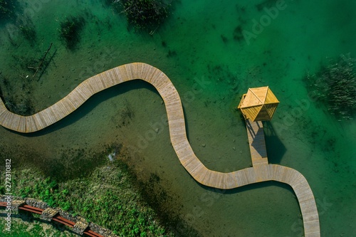 Aerial view on recultivated old flooded quarry in Jaworzno, Silesia, Poland photo