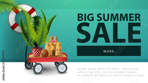 Big summer sale, discount web banner with garden cart with sand, sand castle and potted palm