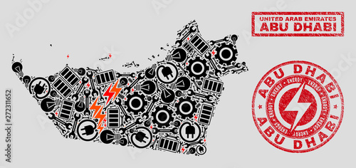 Composition of mosaic power supply Abu Dhabi Emirate map and grunge watermarks. Mosaic vector Abu Dhabi Emirate map is composed with service and innovation elements. Black and red colors used.