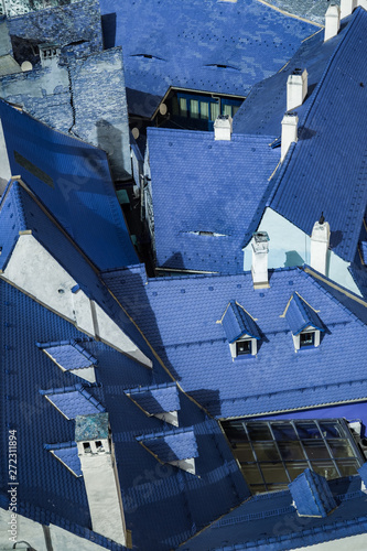 Aerial view over blue roof tiles in Sibiu city, Romania
