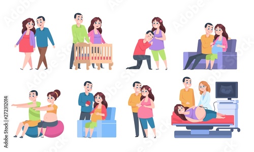 Couple pregnancy characters. Woman and newborn baby activities, young parents set of scenes. Vector pregnant woman and child care illustration visit doctor