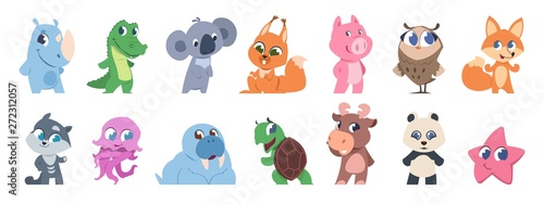 Cute animals. Cartoon baby pets and forest wild animals, fanny children characters. Vector baby animal of Australia and sea set isolated on white