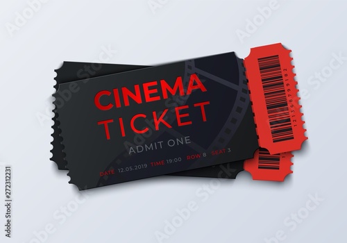 Movie ticket template. Realistic cinema theater admission pass mockup, 3D festival and performance coupon. Vector vintage illustration theater retro tickets