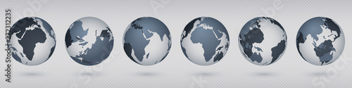 Transparent Earth globe. Realistic circle world map with USA Europa Asia, simple abstract 3D globe model. Vector flat isolated image set