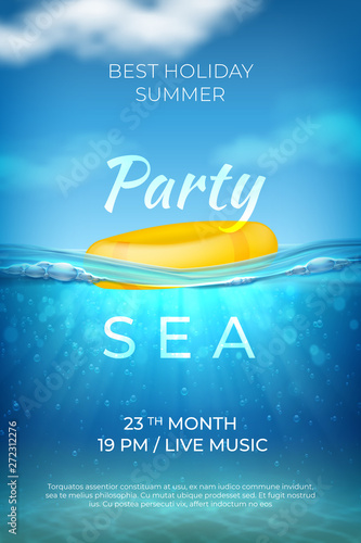 Realistic summer poster. Sea underwater pool party design, ocean beach event banner with waves sky and bottom. Vector summer marine landscape affiche