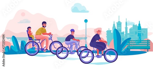 Family riding bicycles in park. Parents and children holiday trip, trendy cartoon characters doing sport activities. Vector happy bicyclist joy lifestyle
