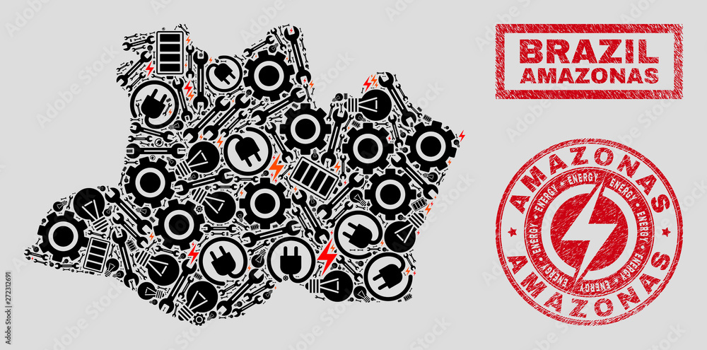 Composition of mosaic power supply Amazonas State map and grunge watermarks. Collage vector Amazonas State map is composed with equipment and electric elements. Black and red colors used. Composition of mosaic power supply Amazonas State map and grunge watermarks. Collage vector Amazonas State map is composed with equipment and electric elements. Black and red colors used.