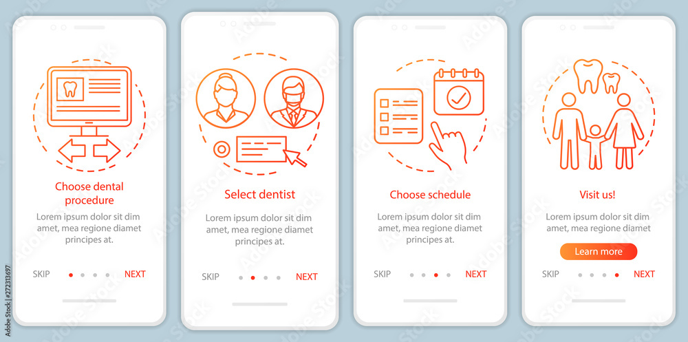 Naklejka premium Dental clinic appointment onboarding onboarding mobile app page screen with concepts