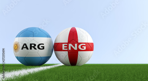 England vs. Argentina Soccer Match - Soccer balls in England and Argentina national colors on a soccer field. Copy space on the right side - 3D Rendering 
