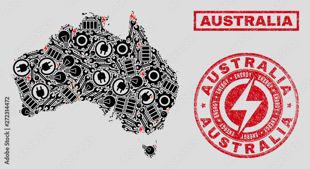 Composition of mosaic power supply Australia map and grunge seals. Mosaic vector Australia map is designed with hardware and lamp icons. Black and red colors used. Composition of mosaic power supply Australia map and grunge seals. Mosaic vector Australia map is designed with hardware and lamp icons. Black and red colors used.