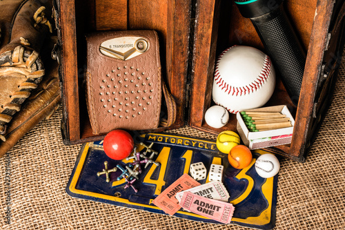Foto opened wood box showing young boys treasures baseball transistor radio license p