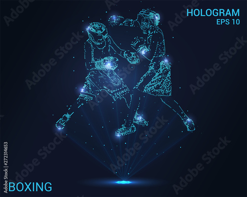 Hologram boxers. Holographic projection of Boxing. Flickering energy flux of particles. Scientific sports design.