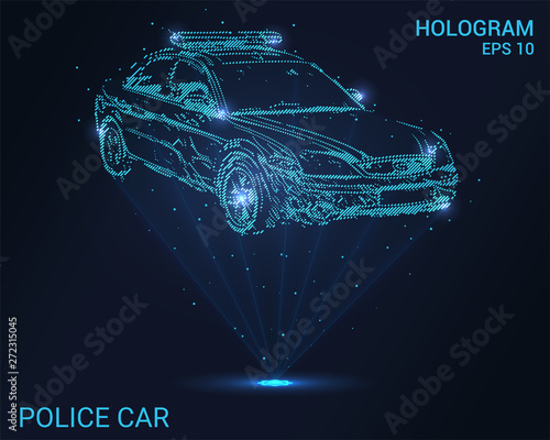 Hologram police. Holographic projection of a police car. Flickering energy flux of particles.