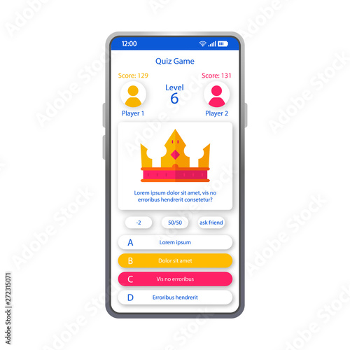Online quiz game smartphone interface vector template