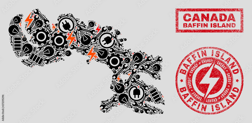 Composition of mosaic power supply Baffin Island map and grunge stamp seals. Mosaic vector Baffin Island map is designed with repair and innovation icons. Black and red colors used.