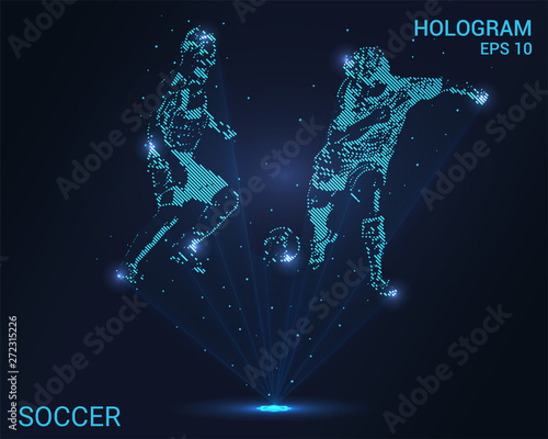 Hologram soccer. Holographic projection of football players fighting for the ball. Flickering energy flux of particles. The scientific design of the sport.