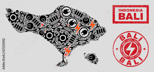 Composition of mosaic power supply Bali map and grunge seals. Collage vector Bali map is composed with workshop and electric elements. Black and red colors used.