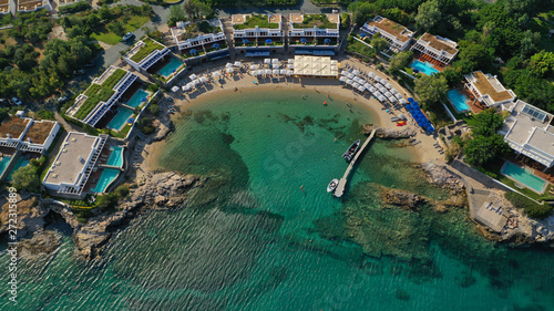 Aerial top view photo of tropical sandy paradise beach with pool facilities in exotic island