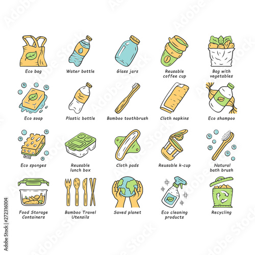 Zero waste swaps handmade color icons set