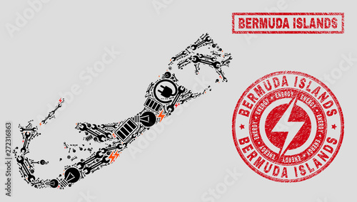 Composition of mosaic power supply Bermuda Islands map and grunge watermarks. Mosaic vector Bermuda Islands map is designed with equipment and bulb icons. Black and red colors used.