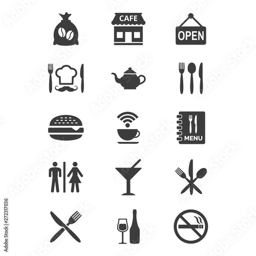 Restaurant and cafe icons set on white background.