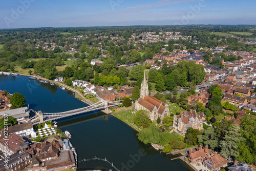 All Saints church and the Marlow suspension bridge over the river Thames in Marlow, Buckinghamshire, UK