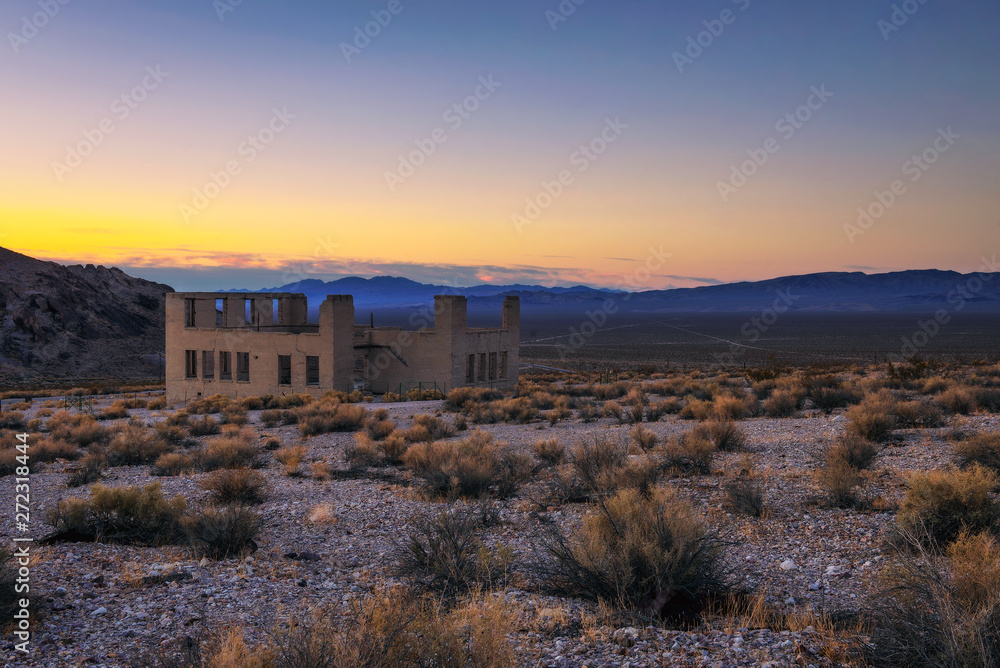 Sunset above abandoned building in Rhyolite, Nevada
