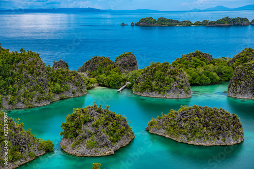 Waigeo, Kri, Mushroom Island, group of small islands in shallow blue lagoon water, Raja Ampat, West Papua, Indonesia