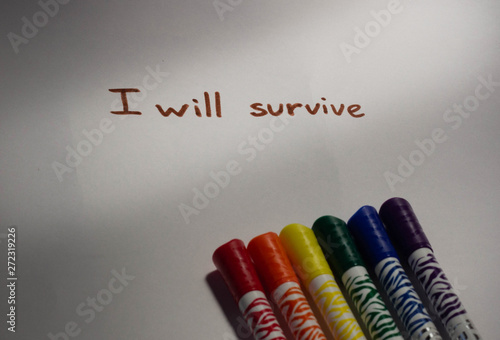 The inscription "I will survive" as the name of the anthem on a clean white sheet next to the markers of the flag color of sexual minorities
