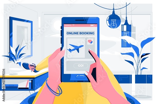 Online Booking Traveling Plane Flight Concept.Female hands holding phone with app booking screen.Vector illustration