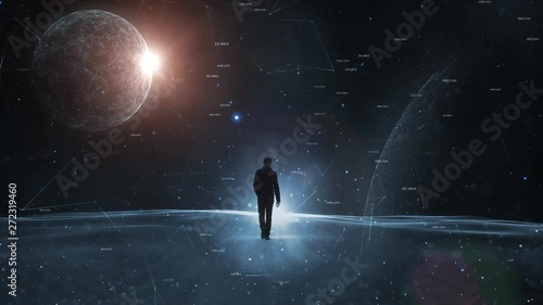Artistic futuristic walks of a man in abstract 3d universe with planets and stars. photo