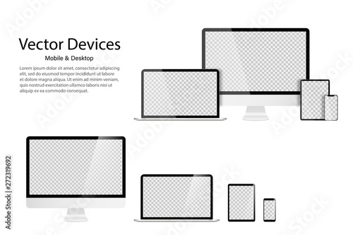 High detailed realistic set of divices Monitor laptop tablet and phone. Transparent mock up screens. Responsive design template for web or application.
