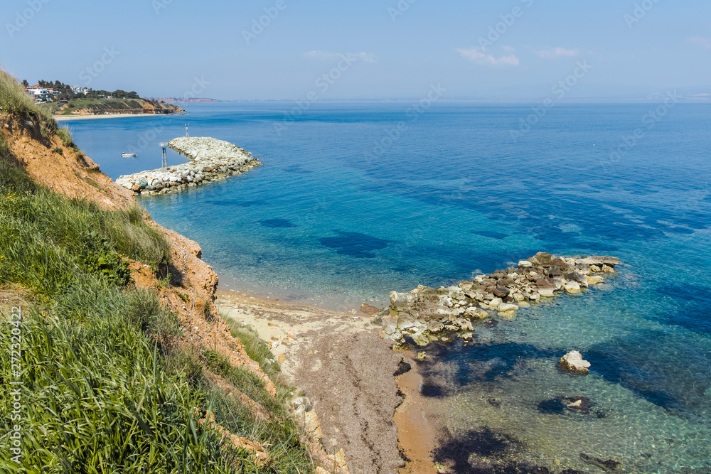 Seascape of coastline of town of Nea Fokea, Kassandra, Chalkidiki, Central Macedonia, Greece