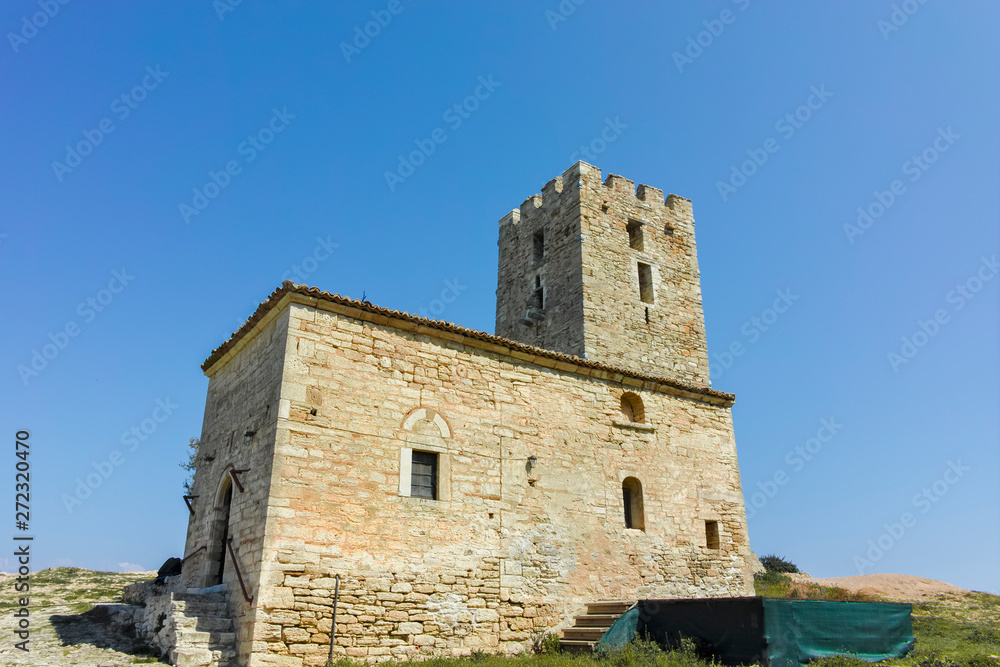 Byzantine Tower in town of Nea Fokea, Kassandra, Chalkidiki, Central Macedonia, Greece