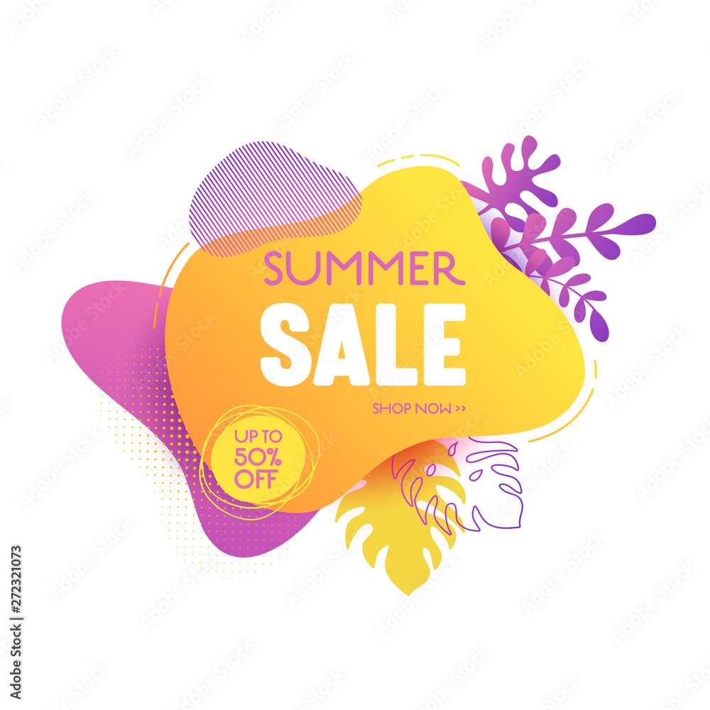 Summer sale banner template. Liquid abstract geometric bubble with tropic flowers, Tropical background and backdrop, Promo badge for seasonal offer, promotion, advertising. Vector illustration