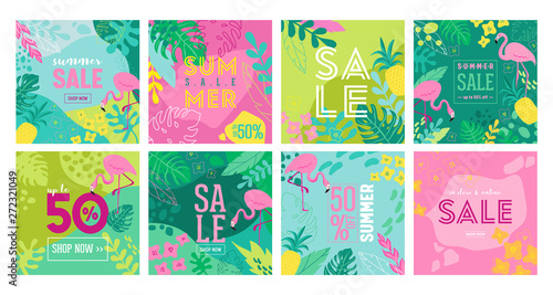 Set of Summer Sale poster with tropic leaves, flowers, flamingoes, advertisement banner and tropical background in modern flat style, flash spring special offer, poster vacation ad, flyer. Vector