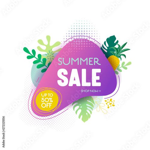 Summer sale banner template. Liquid abstract geometric bubble with tropical leaves, Tropical background and backdrop, Promo badge for seasonal offer, promotion, advertising. Vector illustration
