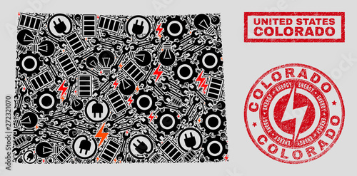 Composition of mosaic electricity Colorado State map and grunge stamps. Mosaic vector Colorado State map is created with hardware and electricity symbols. Black and red colors used.