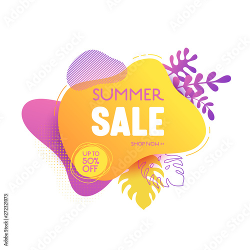 Summer sale banner template. Liquid abstract geometric bubble with tropic flowers, Tropical background and backdrop, Promo badge for seasonal offer, promotion, advertising. Vector illustration