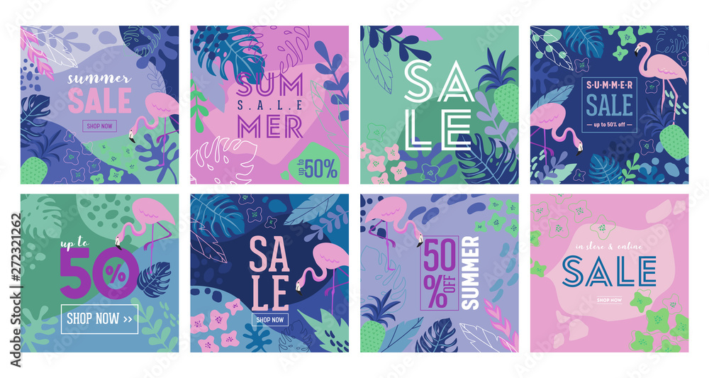 Set of Summer Sale poster with tropic leaves, flowers, flamingoes, advertisement banner and tropical background in modern flat style, flash spring special offer, poster vacation ad, flyer. Vector