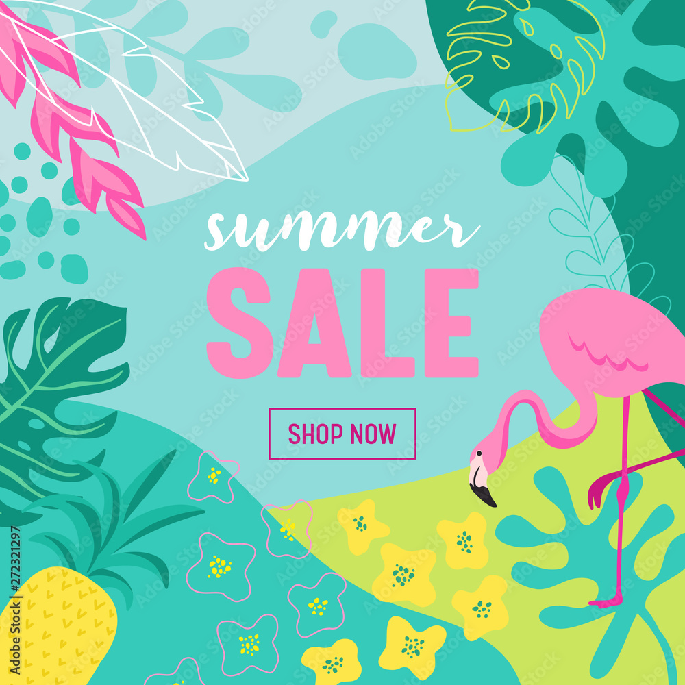 Summer Sale poster with tropic leaves, flowers, flamingoes, advertisement banner and tropical background in modern flat style, flash spring special offer, poster vacation ad, flyer. Vector