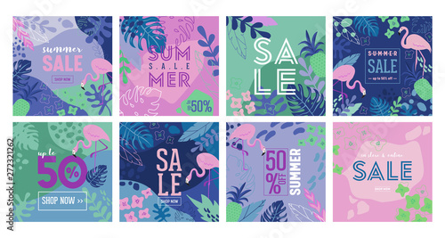 Set of Summer Sale poster with tropic leaves, flowers, flamingoes, advertisement banner and tropical background in modern flat style, flash spring special offer, poster vacation ad, flyer. Vector