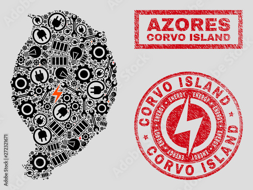 Composition of mosaic power supply Corvo Island map and grunge watermarks. Mosaic vector Corvo Island map is designed with tools and electric elements. Black and red colors used.
