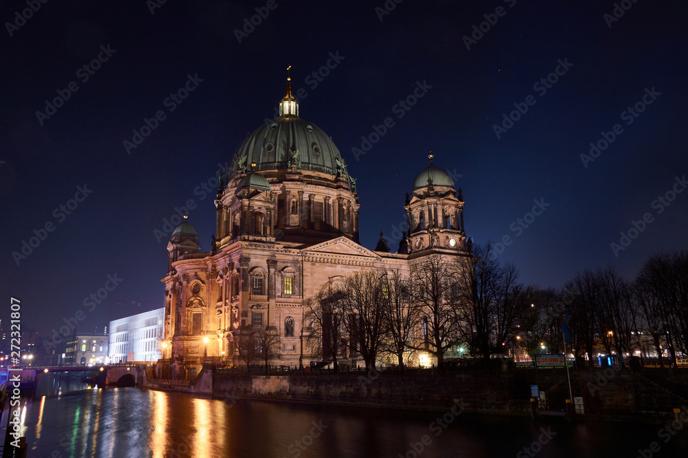 berliner dom from the river by night, berlin 