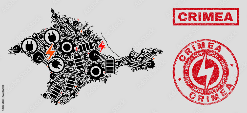 Composition of mosaic power supply Crimea map and grunge watermarks. Mosaic vector Crimea map is designed with service and electric elements. Black and red colors used. Composition of mosaic power supply Crimea map and grunge watermarks. Mosaic vector Crimea map is designed with service and electric elements. Black and red colors used.