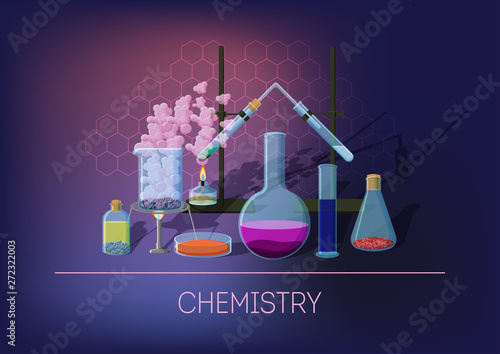 Chemistry concept with chemical equipment and glassware, running experiment and chemical reactions.