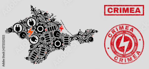 Composition of mosaic power supply Crimea map and grunge watermarks. Mosaic vector Crimea map is designed with service and electric elements. Black and red colors used.