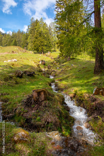 Panorama of untouched landscapes in the Austrian Alps with river, streams and waterfalls