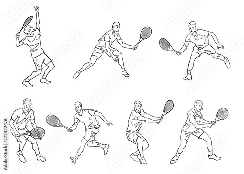 Set of male tennis players. Hand drawn silhouette. Black lines drawing. Abstract isolated contour. Active pose. Vector outlines. Sport illustration.